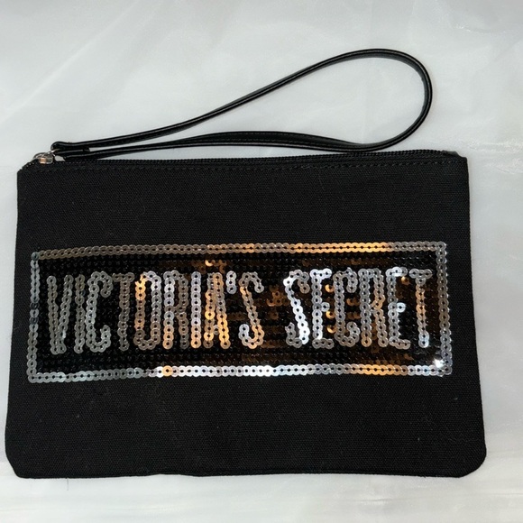 Victoria’s Secret Black Canvas with Sequins Wristlet/ Cosmetic Pouch - Picture 1 of 3